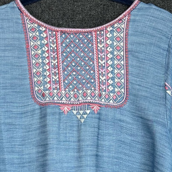 Tolani Embroidered Tassle Tie Chambray Peasant Tunic Top Size XL - Picture 7 of 14